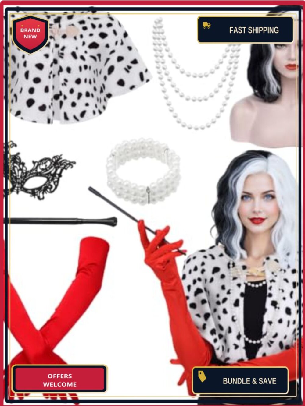 Cruella de Vil Costume Set Velvet Shawl Wig Gloves Mask Halloween Cosplay Adult